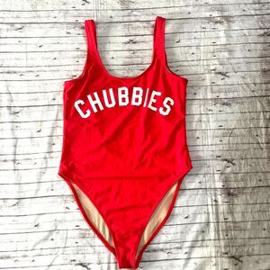 Chubbies Womens Red Low Back One Piece Swimsuit Bathing Suit Size Large L Logo